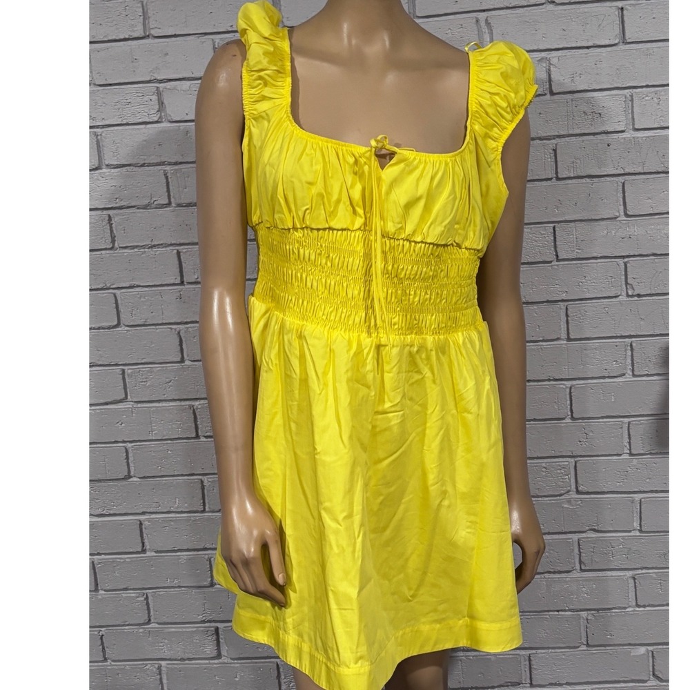 Anthropologie Smocked Mini Dress Yellow Ruffle Square Neck Tie Back NWT L